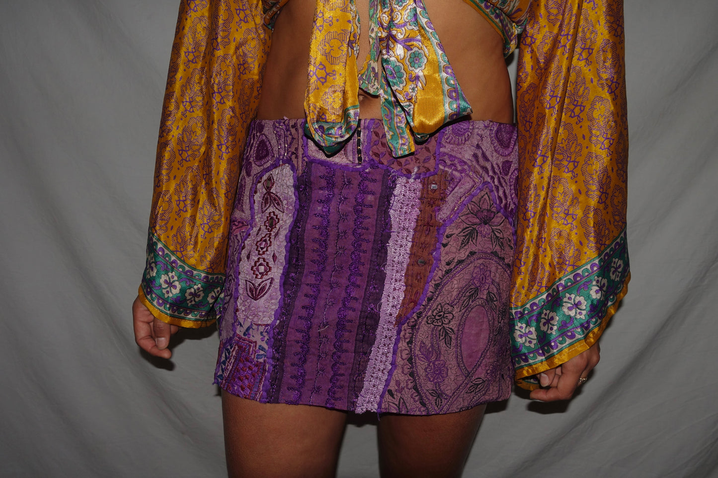 Vintage Sari Beaded Patchwork Bohemian Skirt - Purple (M-L)