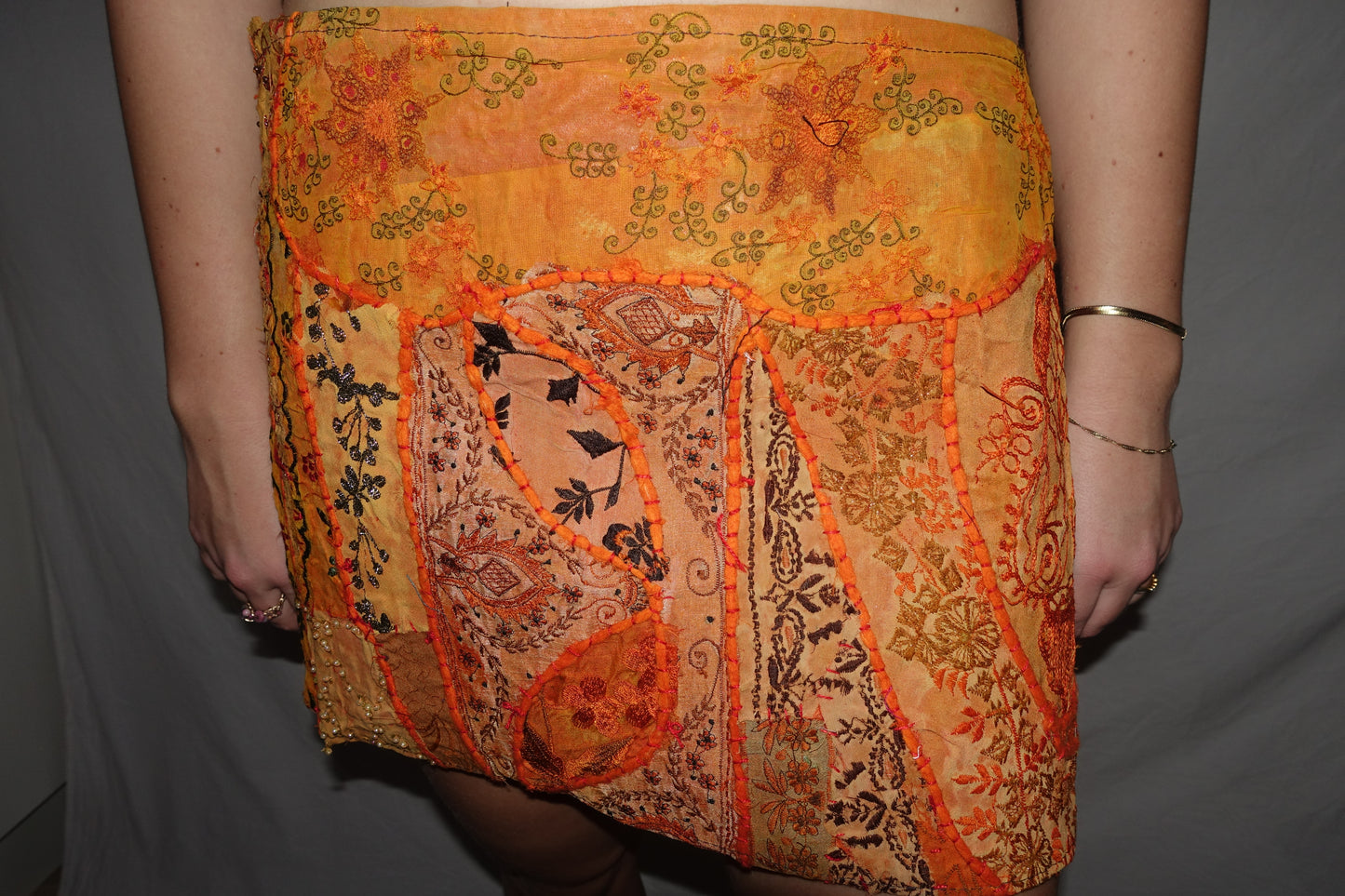 Vintage Sari Beaded Patchwork Bohemian Skirt - Orange (XS-S)