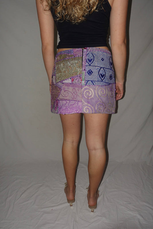 Vintage Sari Beaded Patchwork Bohemian Skirt - Light Purple (XS-S)