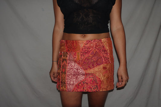 Vintage Sari Beaded Patchwork Bohemian Skirt - Orange (M-L)