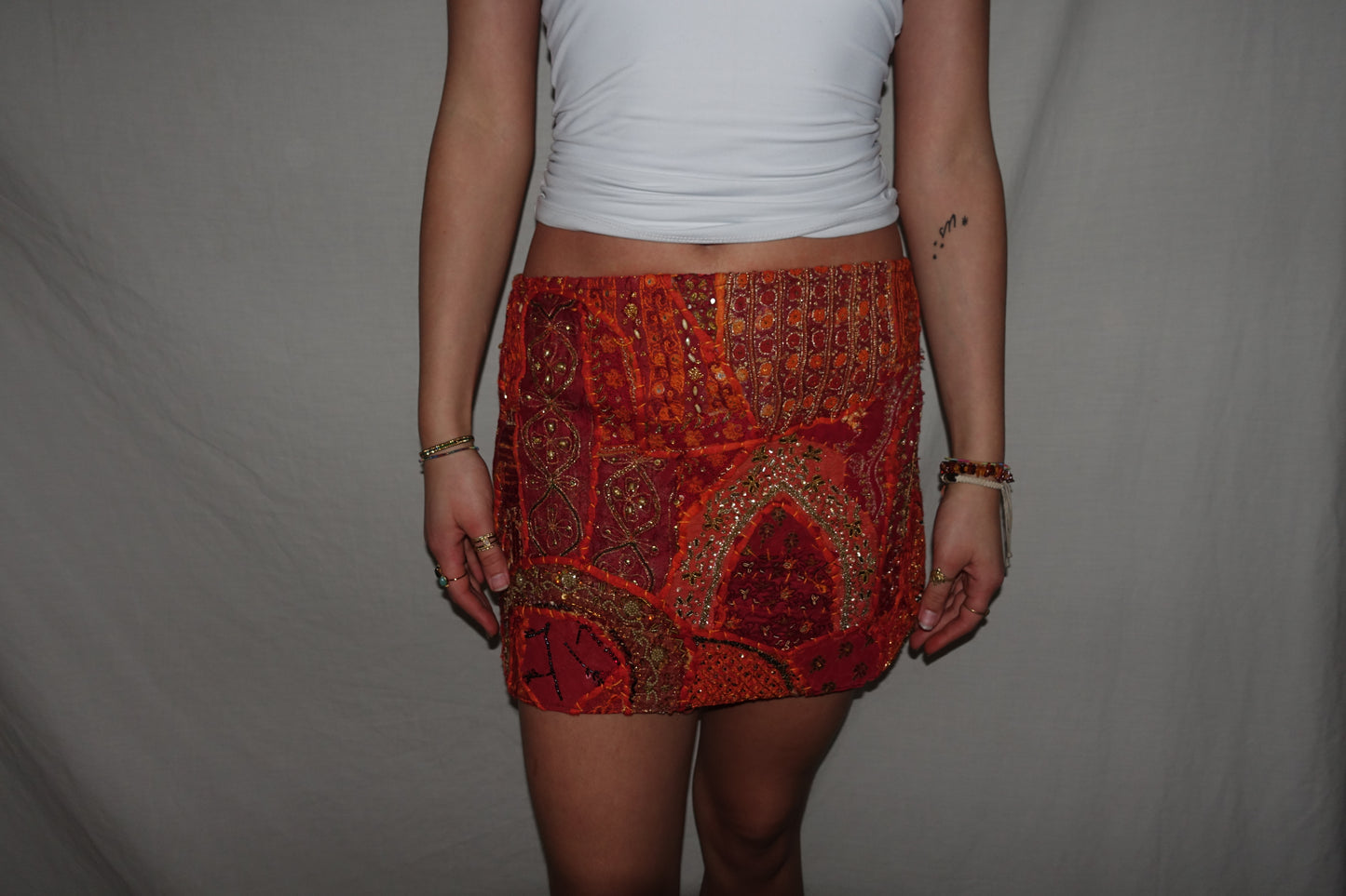 Vintage Sari Beaded Patchwork Bohemian Skirt - Orange (XS-S)