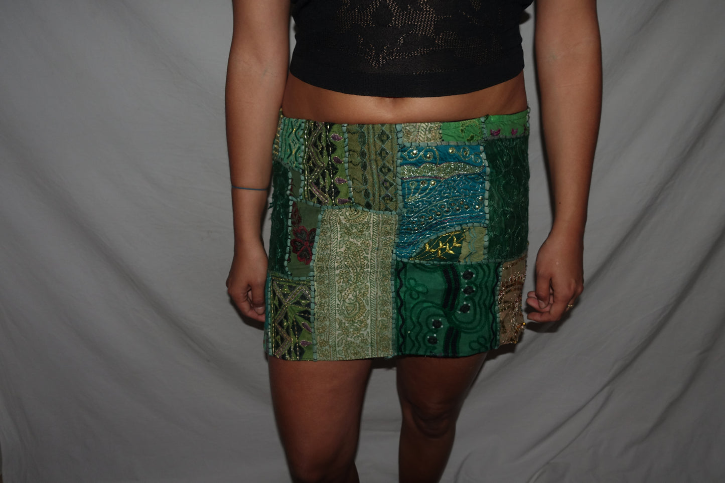 Vintage Sari Beaded Patchwork Bohemian Skirt - Green (M-L)