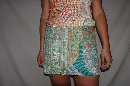 Vintage Sari Beaded Patchwork Bohemian Skirt - Turquoise (M-L)