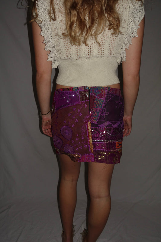 Vintage Sari Beaded Patchwork Bohemian Skirt - Purple (XS-S)