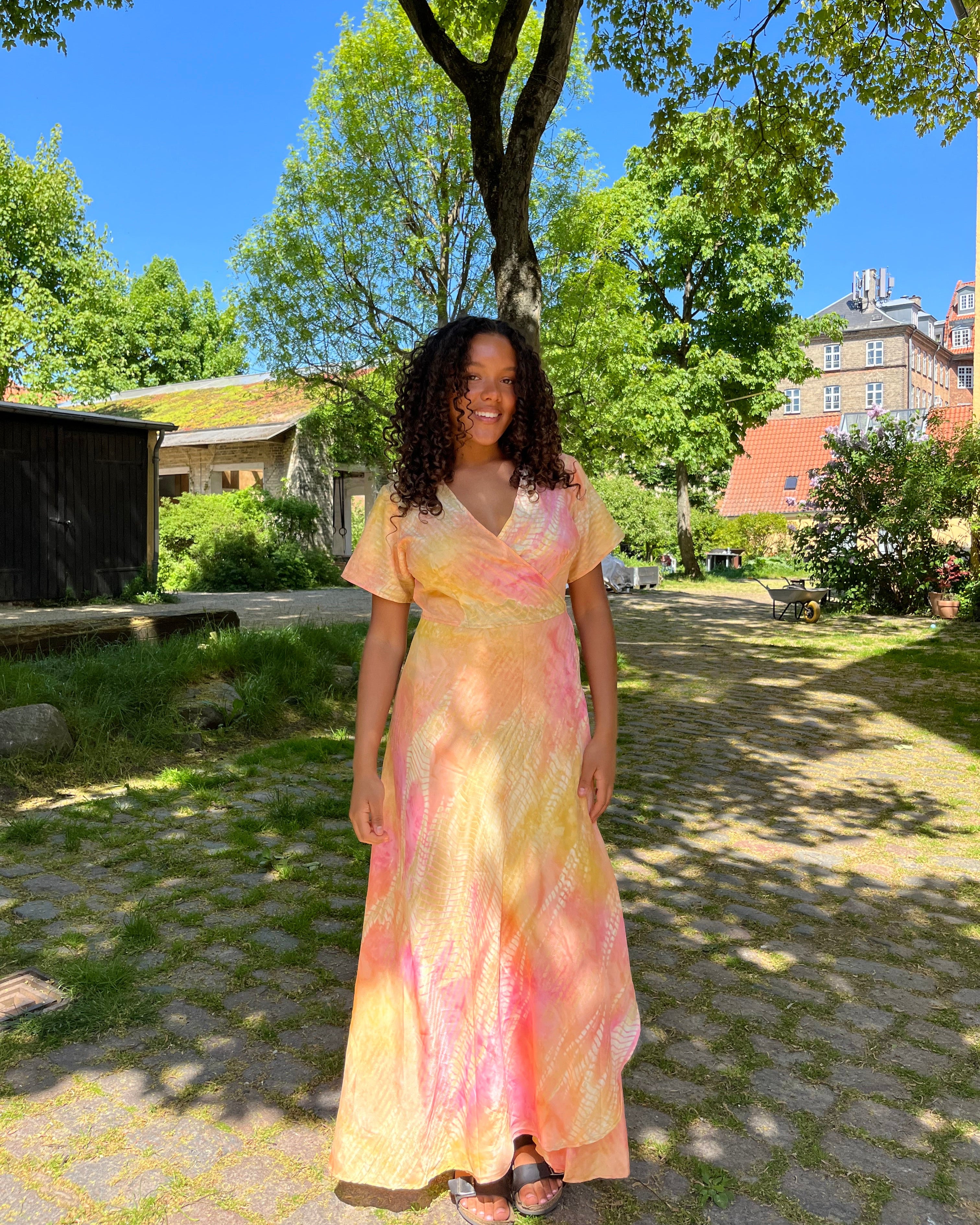 Long Wrap Dress (With Gold Foil) - Light Pink + Yellow – Liva Larsen