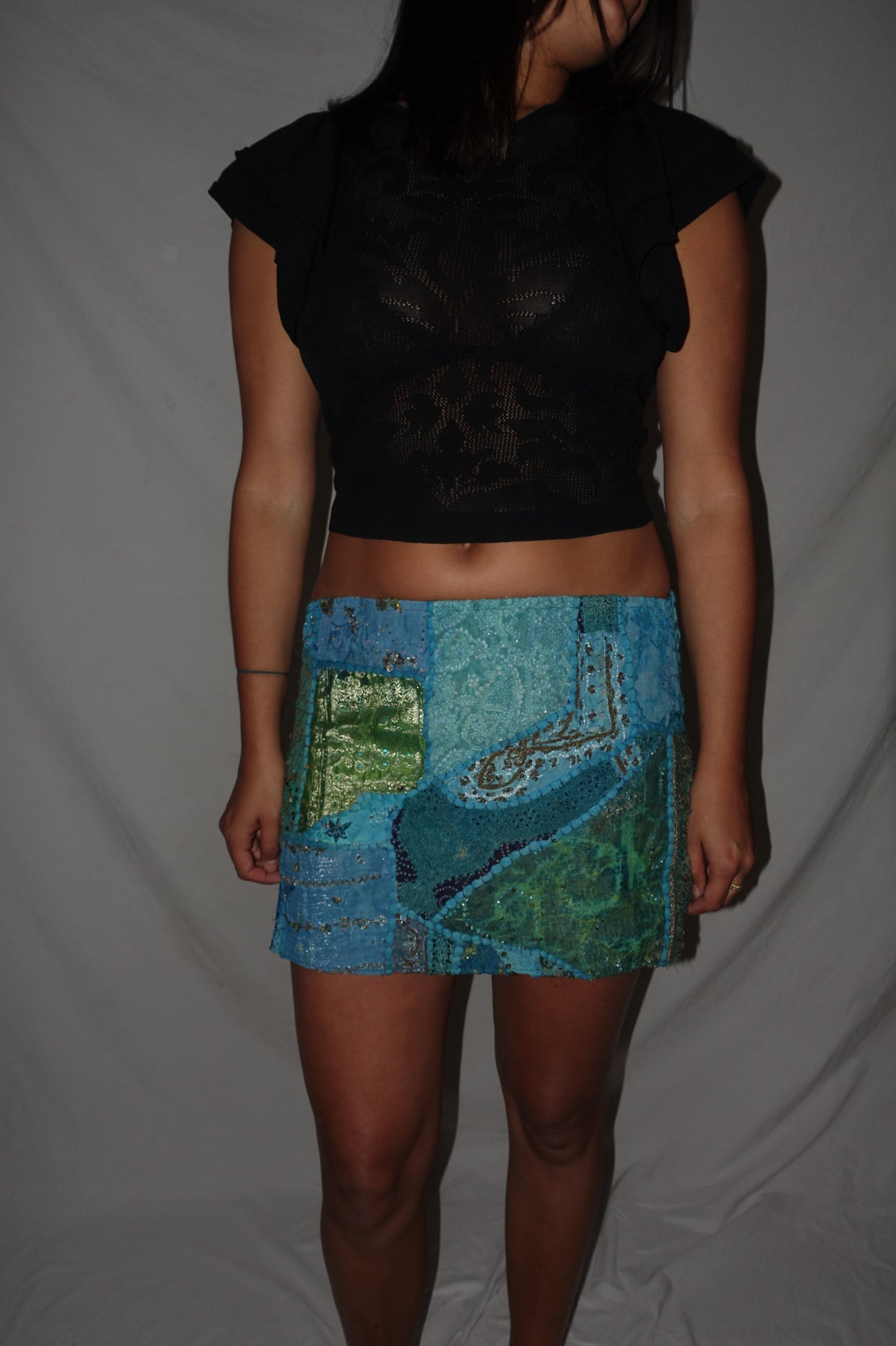 Vintage Sari Beaded Patchwork Bohemian Skirt - Blue/Green (M-L)