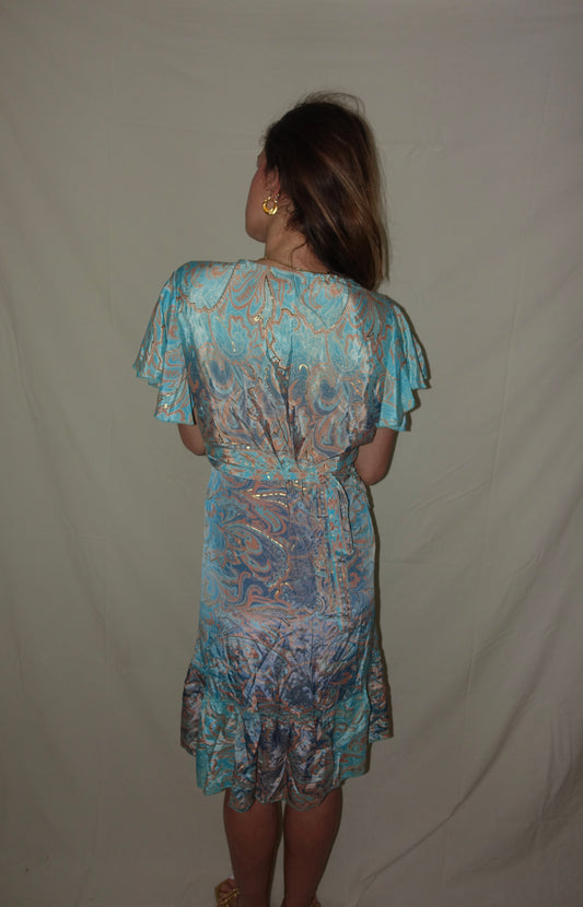 Short Lexy Wrap Dress (Gold Foil) - Turquoise