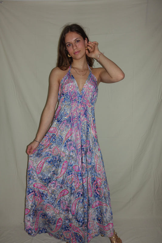 Long Ama Ibiza Dress (With Gold Foil) - Blue + Pink