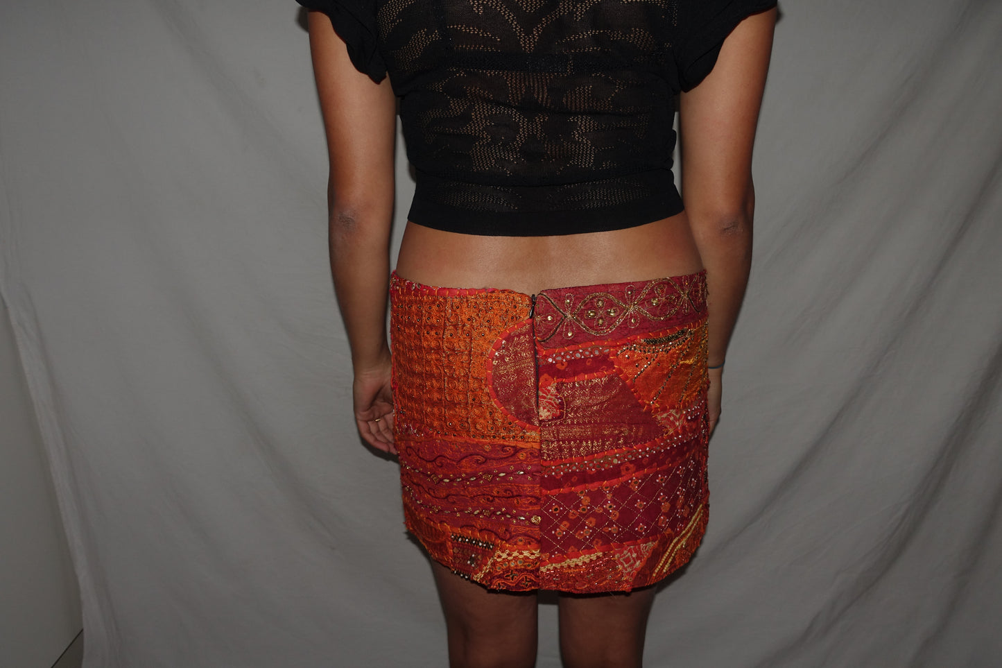 Vintage Sari Beaded Patchwork Bohemian Skirt - Orange (M-L)