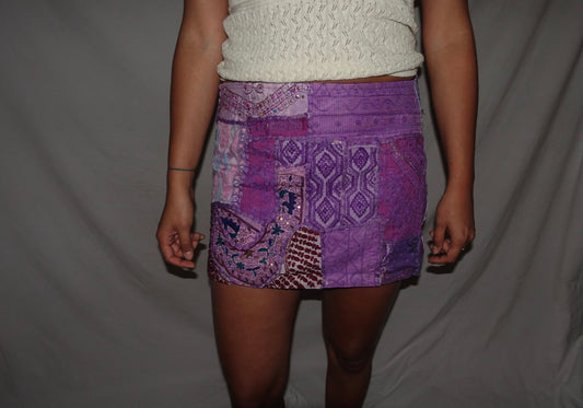 Vintage Sari Beaded Patchwork Bohemian Skirt - Purple (M-L)