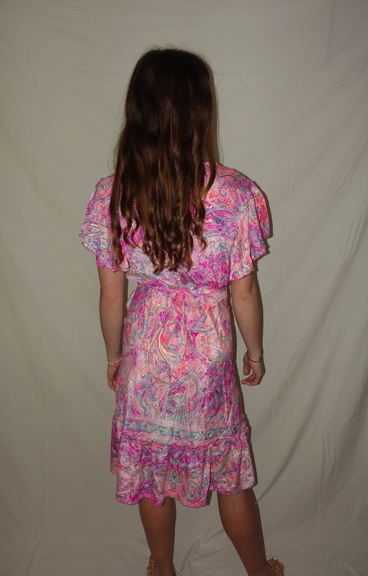 Short Rosy Wrap Dress (Gold Foil) - Pink