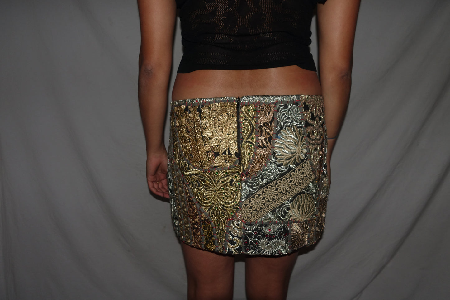 Vintage Sari Beaded Patchwork Bohemian Skirt - Black/Gold (M-L)