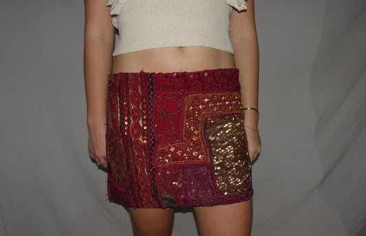 Vintage Sari Beaded Patchwork Bohemian Skirt - Reddish (XS-S)