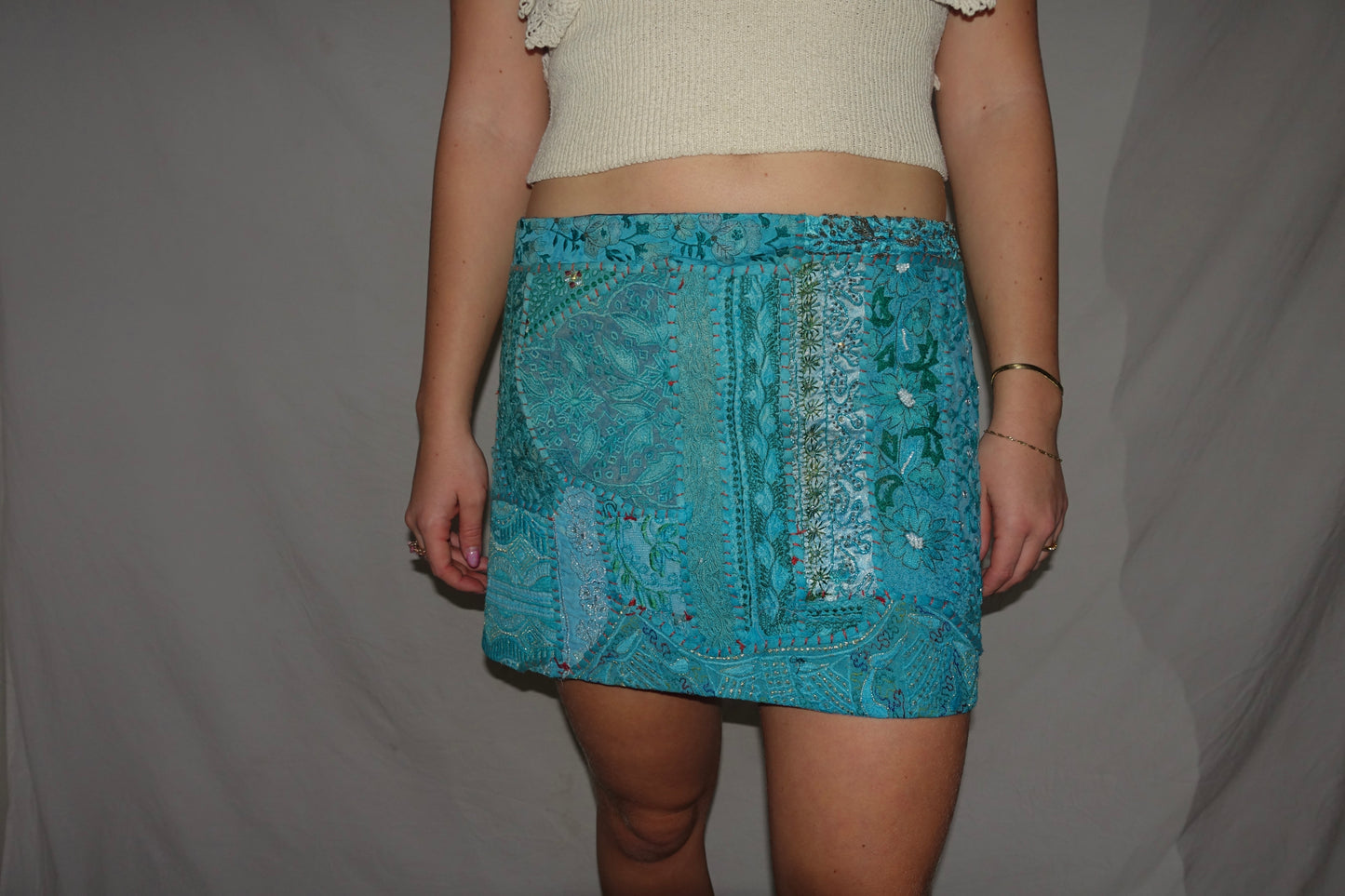 Vintage Sari Beaded Patchwork Bohemian Skirt - Turquoise (XS-S)