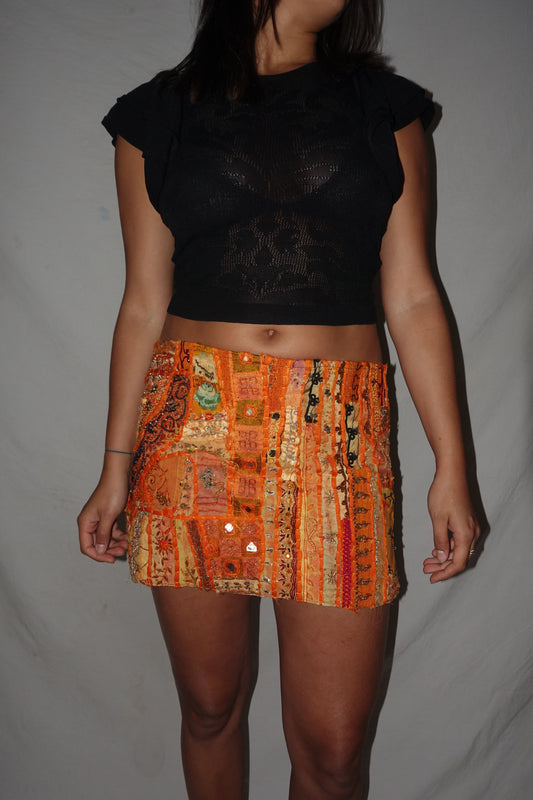 Vintage Sari Beaded Patchwork Bohemian Skirt - Orange (M-L)