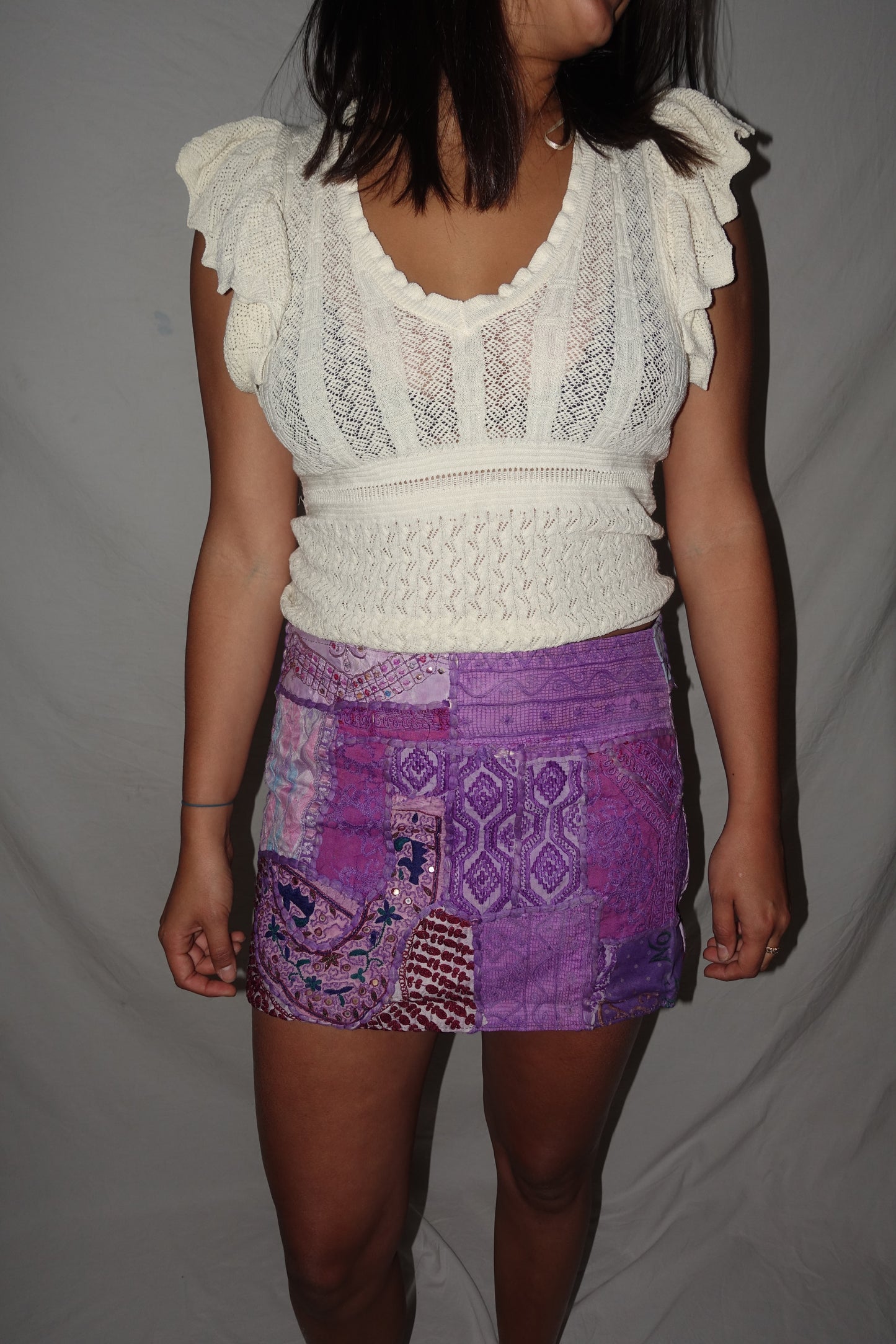 Vintage Sari Beaded Patchwork Bohemian Skirt - Purple (M-L)