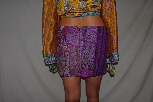 Vintage Sari Beaded Patchwork Bohemian Skirt - Purple (M-L)