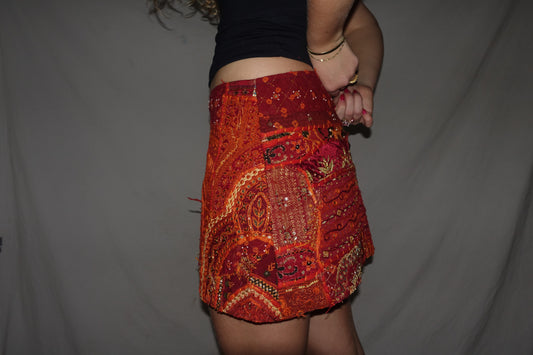 Vintage Sari Beaded Patchwork Bohemian Skirt - Reddish/Orange (XS-S)