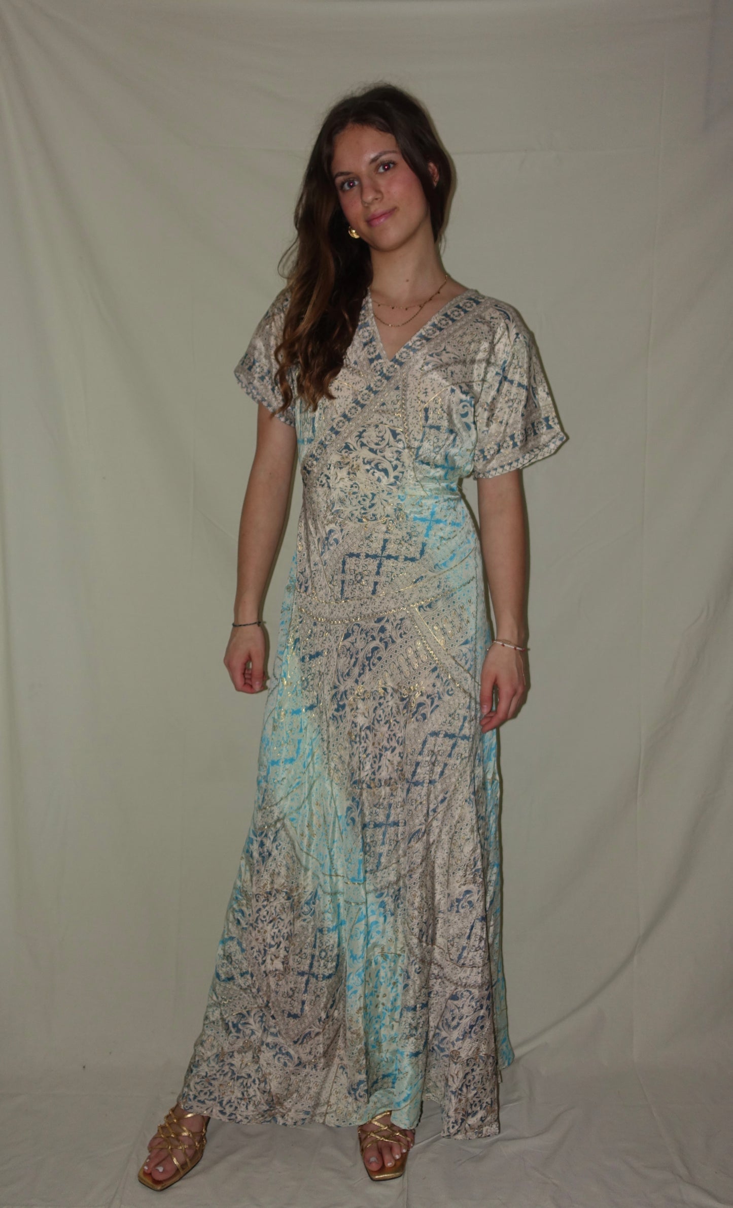 Long Silvia Wrap Dress (Gold Foil) - Blue + Silver