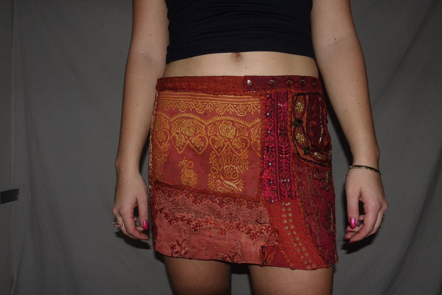 Vintage Sari Beaded Patchwork Bohemian Skirt - Reddish/Orange (XS-S)