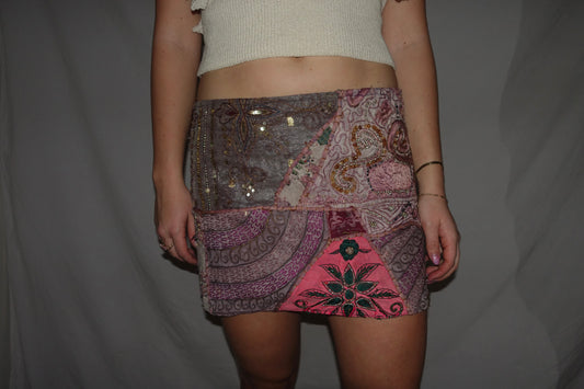 Vintage Sari Beaded Patchwork Bohemian Skirt- Rose (XS-S)