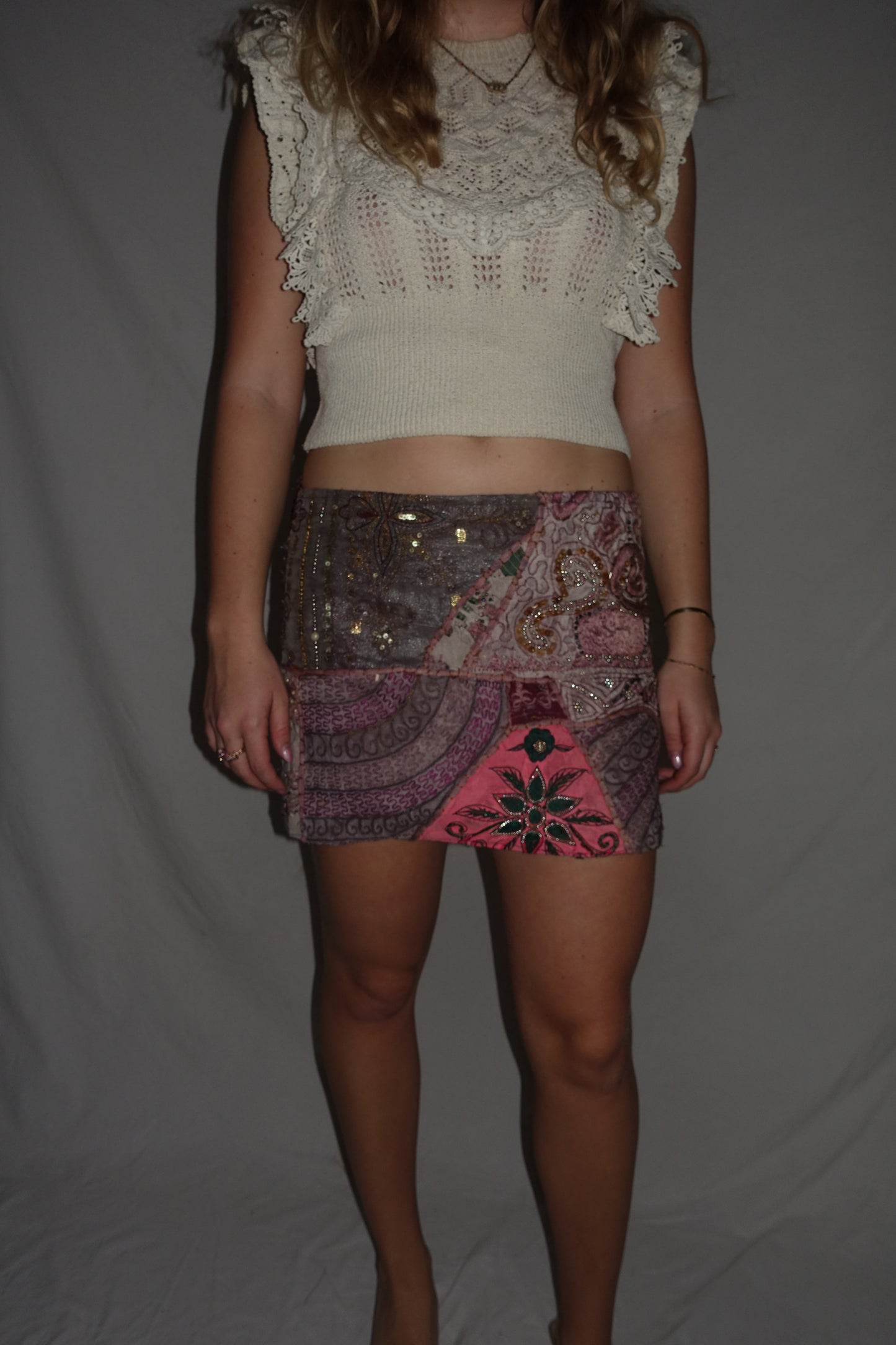 Vintage Sari Beaded Patchwork Bohemian Skirt- Rose (XS-S)