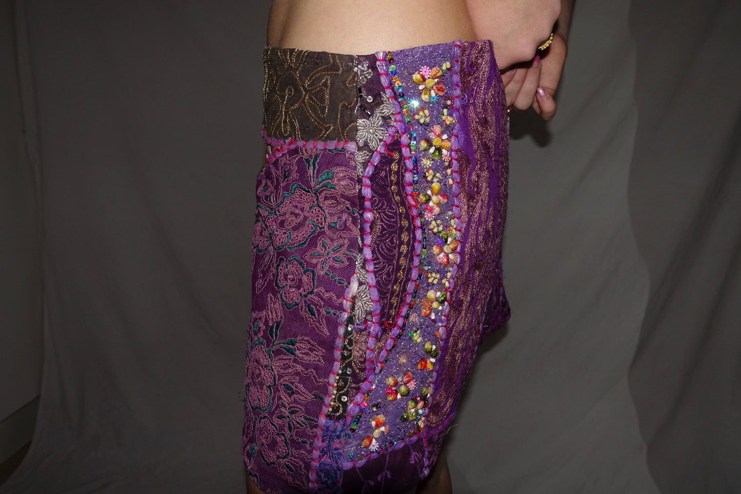 Vintage Sari Beaded Patchwork Bohemian Skirt - Dark Purple (XS-S)