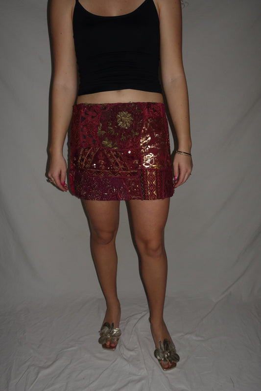 Vintage Sari Beaded Patchwork Bohemian Skirt - Red (XS-S)