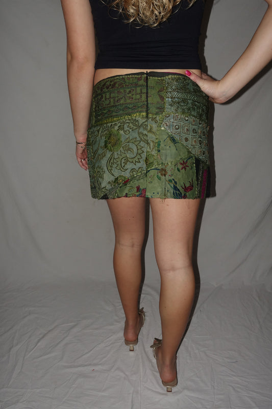 Vintage Sari Beaded Patchwork Bohemian Skirt - Army Green (XS-S)