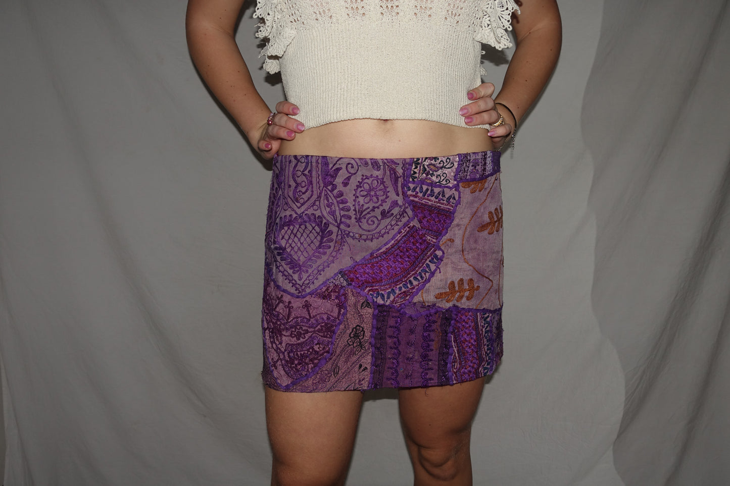 Vintage Sari Beaded Patchwork Bohemian Skirt - Purple (XS-S)