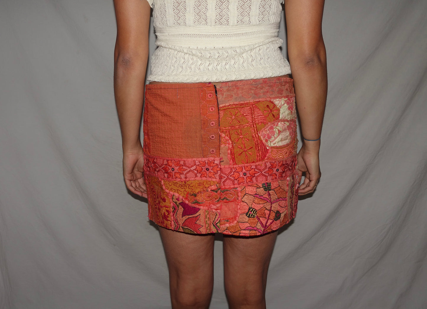 Vintage Sari Beaded Patchwork Bohemian Skirt - Orange (M-L)