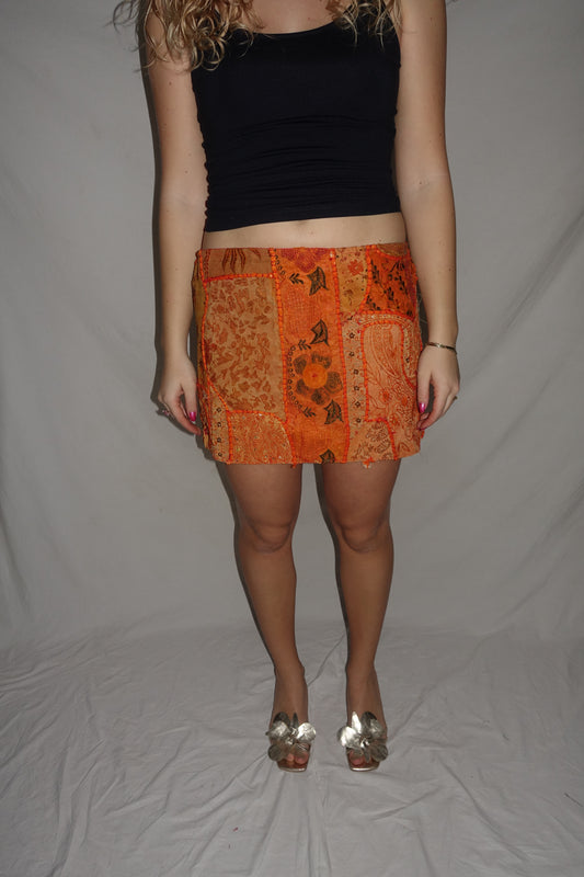 Vintage Sari Beaded Patchwork Bohemian Skirt - Orange (XS-S)