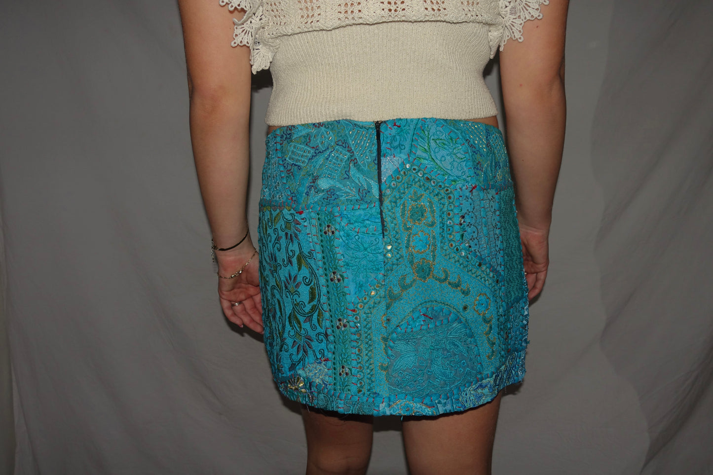 Vintage Sari Beaded Patchwork Bohemian Skirt - Turquoise (XS-S)