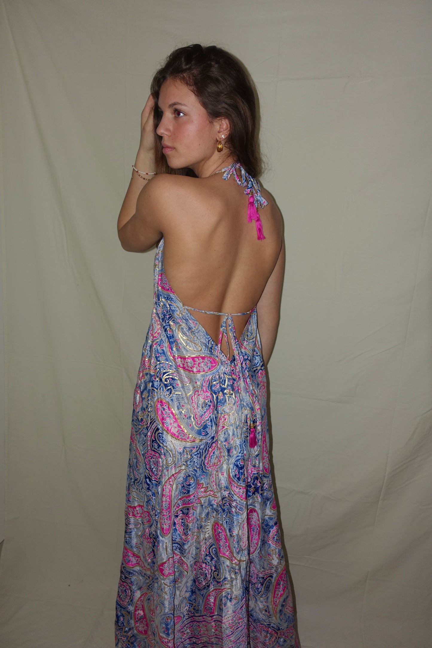 Long Ama Ibiza Dress (With Gold Foil) - Blue + Pink