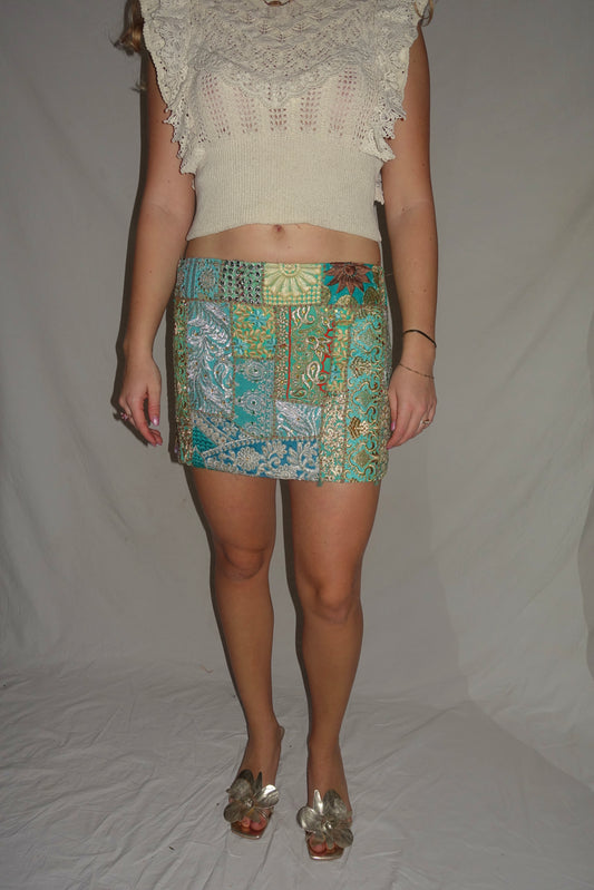 Vintage Sari Beaded Patchwork Bohemian Skirt - Light Green (XS-S)