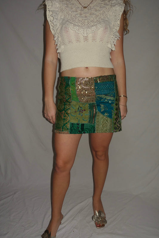 Vintage Sari Beaded Patchwork Bohemian Skirt - Green (XS-S)