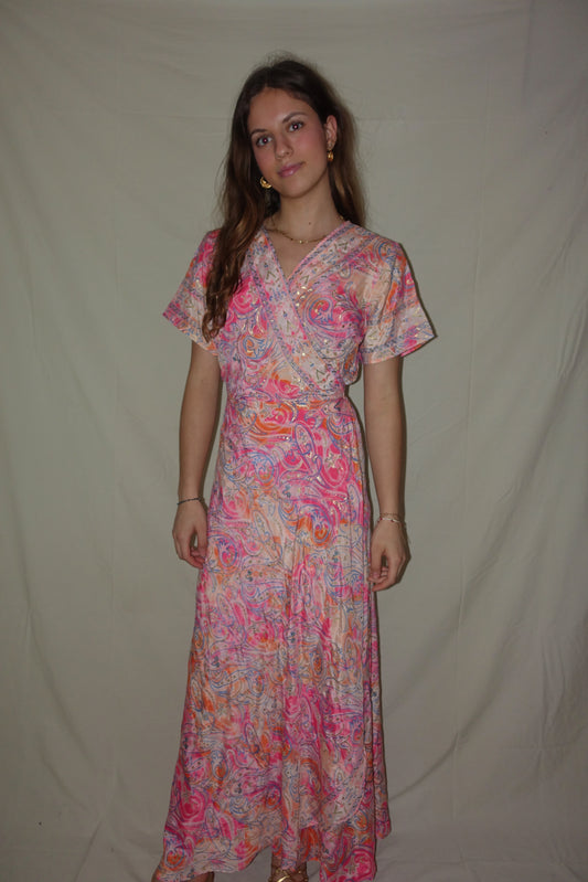 Long Wrap Emelia Dress (Gold Foil) - Pink + Orange