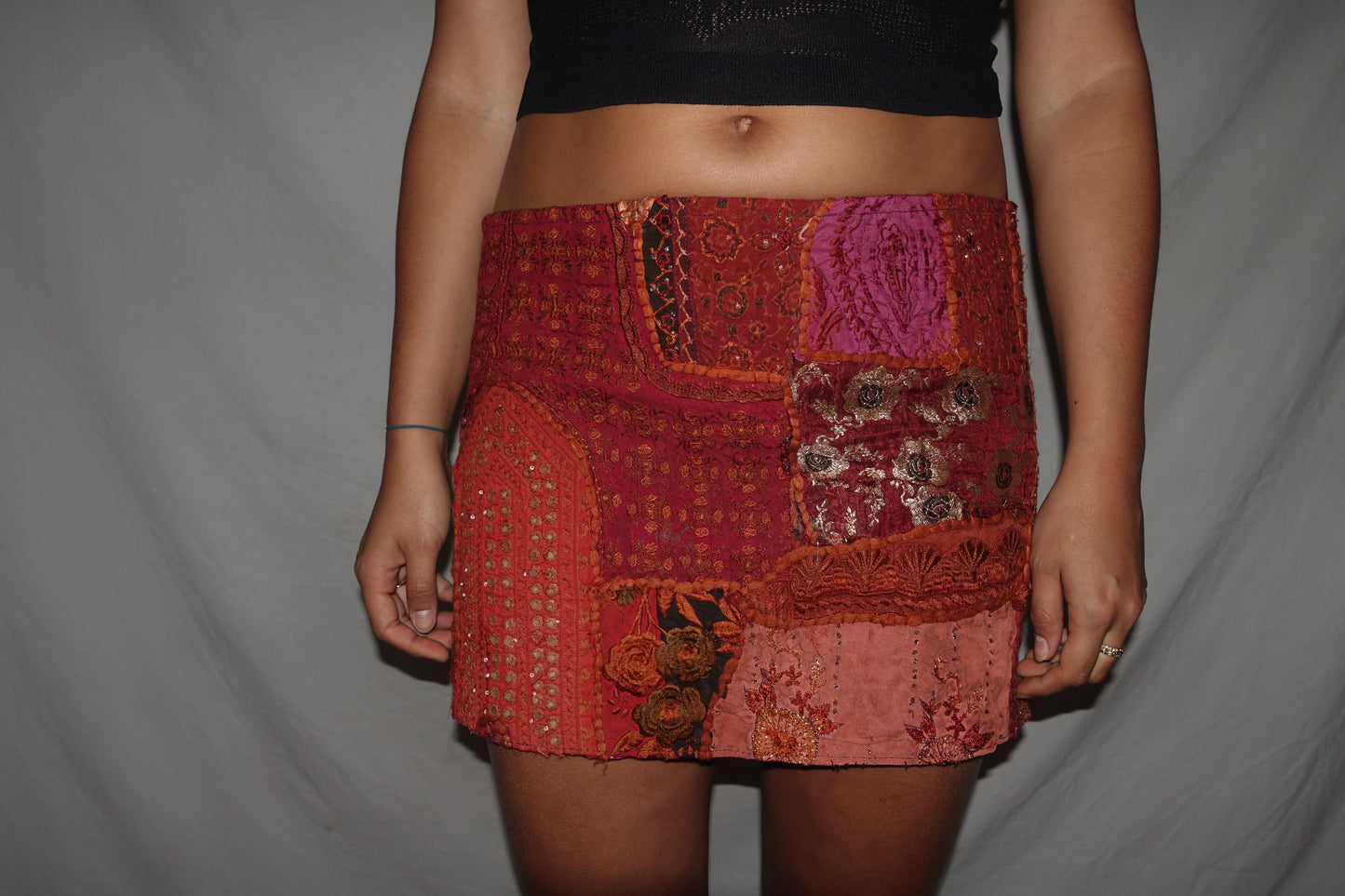 Vintage Sari Beaded Patchwork Bohemian Skirt - Orange (M-L)