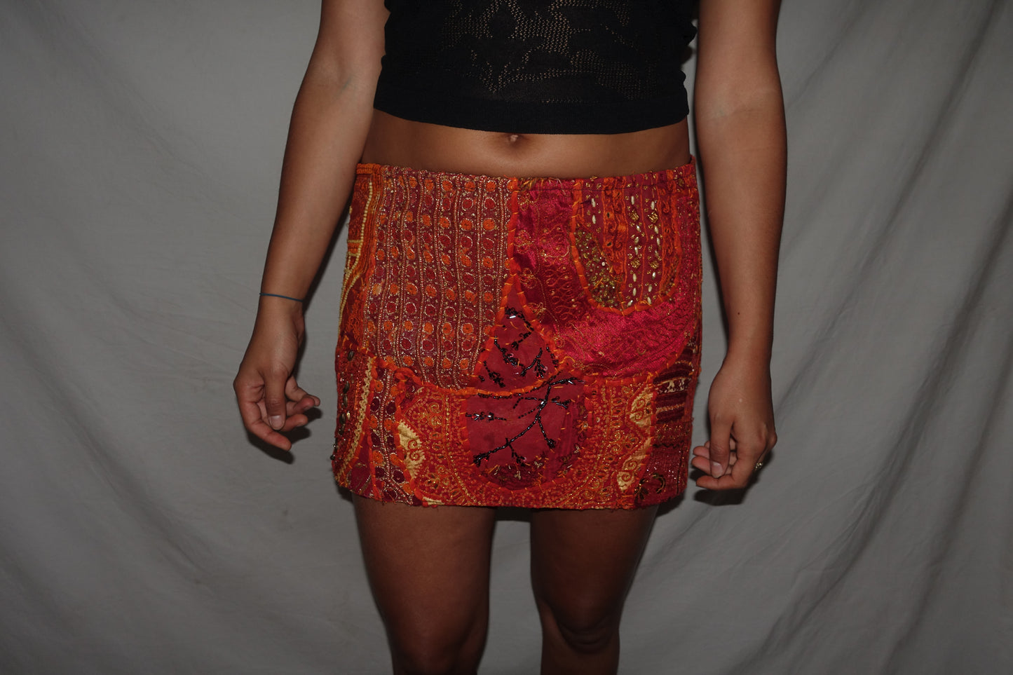 Vintage Sari Beaded Patchwork Bohemian Skirt - Orange (M-L)