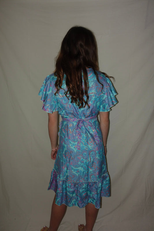 Short Wrap Dress Alma  (Gold Foil) - Turquoise