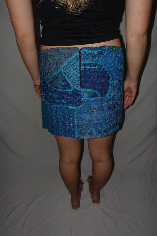 Vintage Sari Beaded Patchwork Bohemian Skirt - Blue (XS-S)