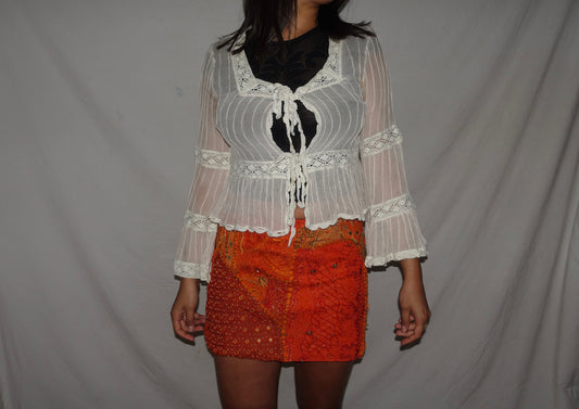 Vintage Sari Beaded Patchwork Bohemian Skirt - Orange (M-L)