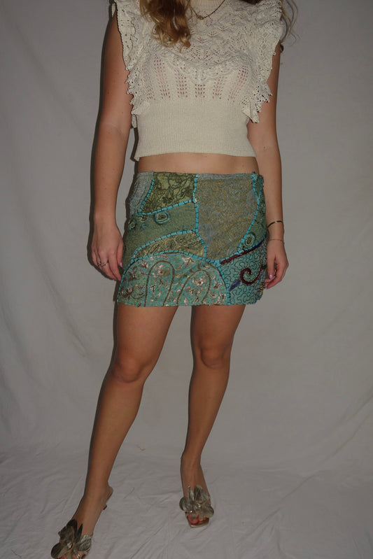 Vintage Sari Beaded Patchwork Bohemian Skirt - Green (XS-S)