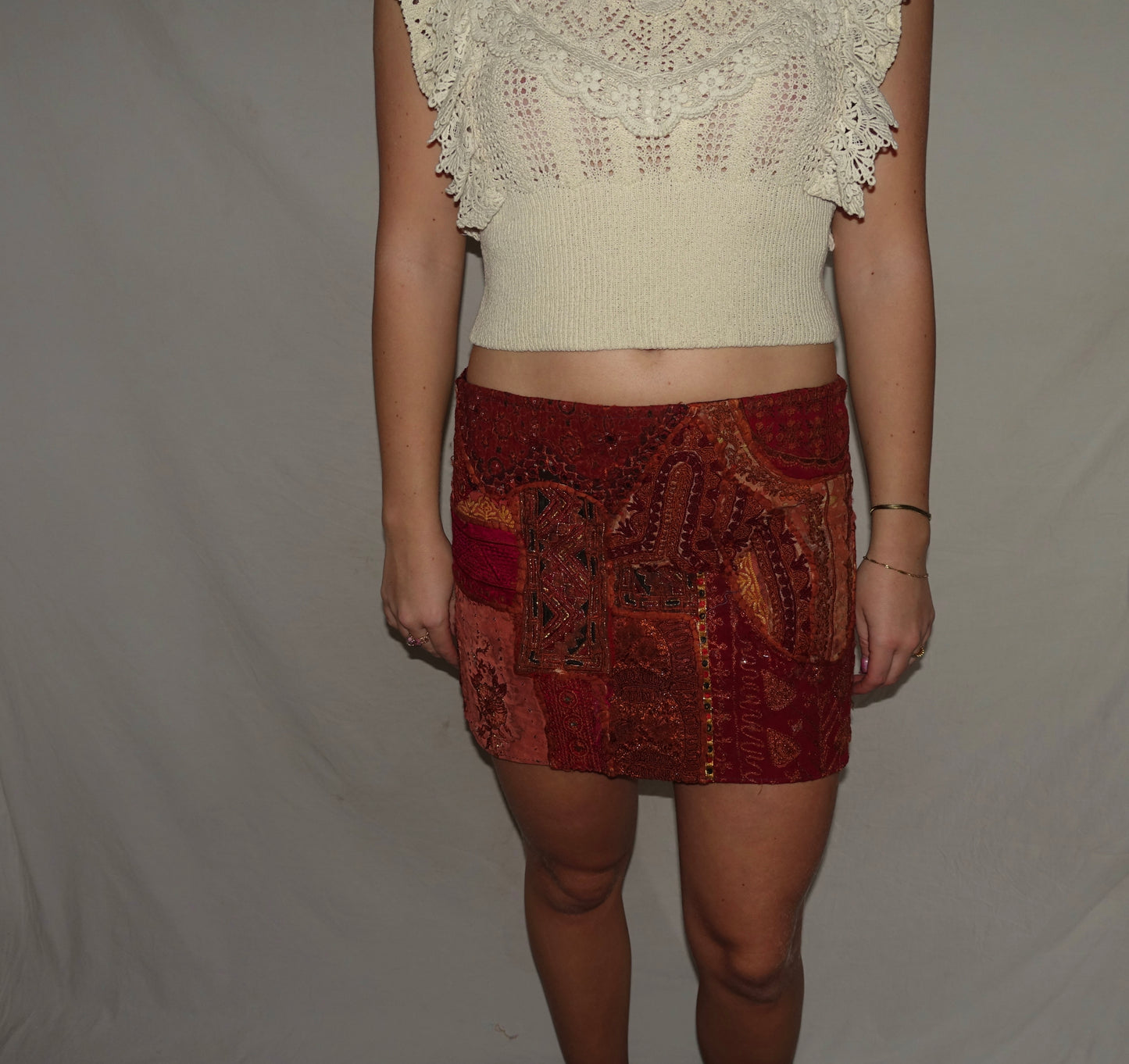 Vintage Sari Beaded Patchwork Bohemian Skirt - Reddish/Orange (XS-S)