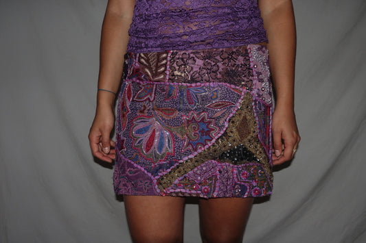 Vintage Sari Beaded Patchwork Bohemian Skirt - Purple (M-L)