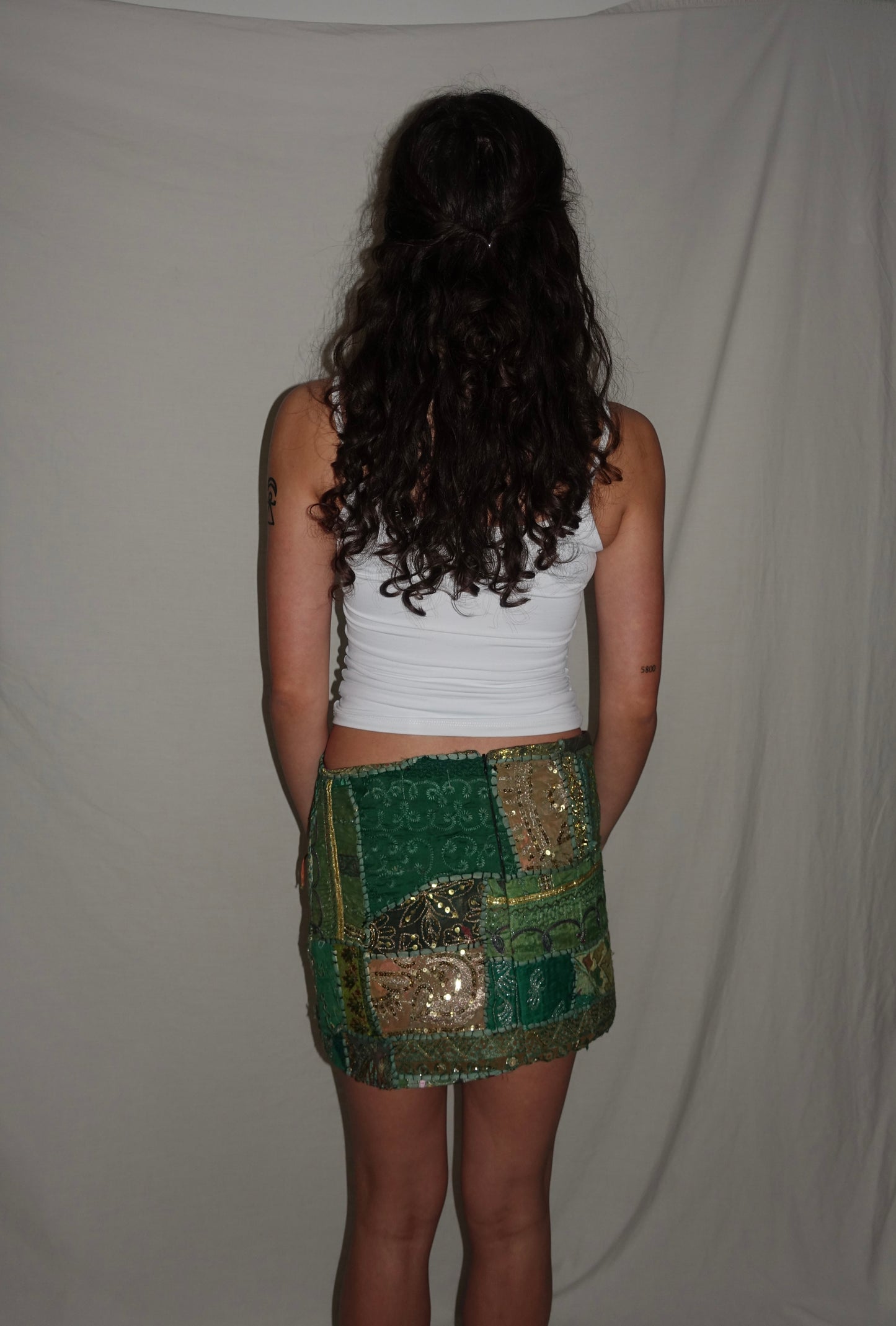 Vintage Sari Beaded Patchwork Bohemian Skirt - Green (XS-S)