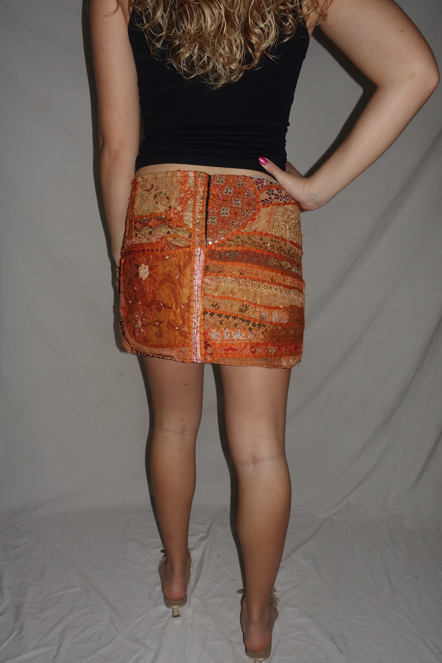 Vintage Sari Beaded Patchwork Bohemian Skirt - Orange (XS-S)