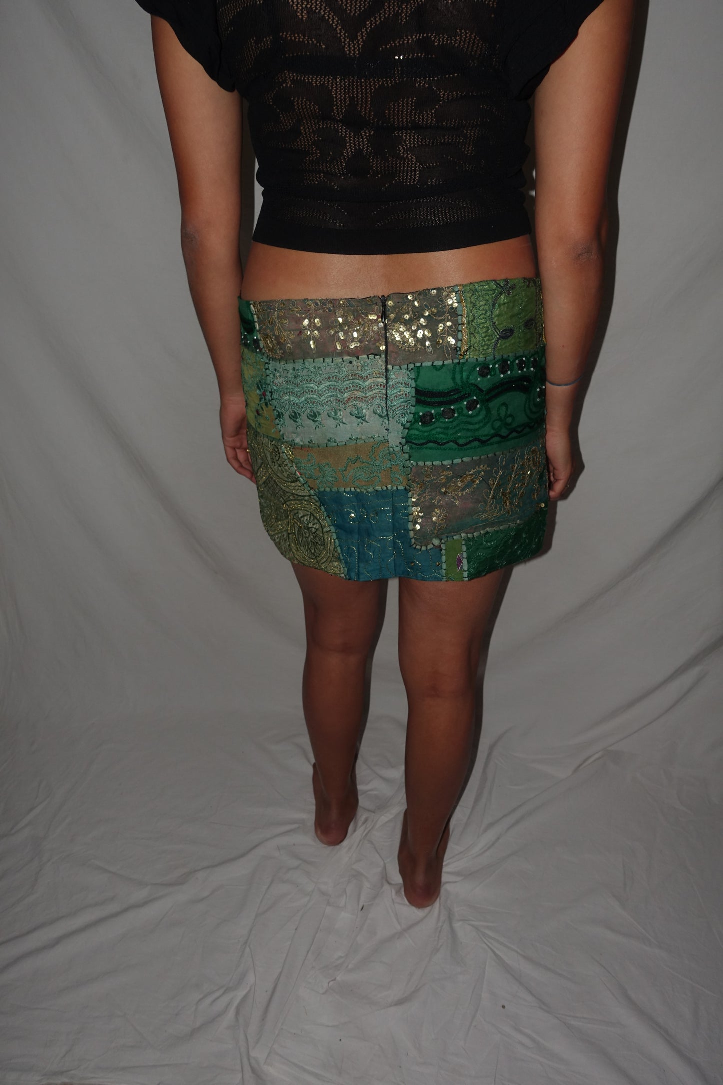 Vintage Sari Beaded Patchwork Bohemian Skirt - Green (M-L)