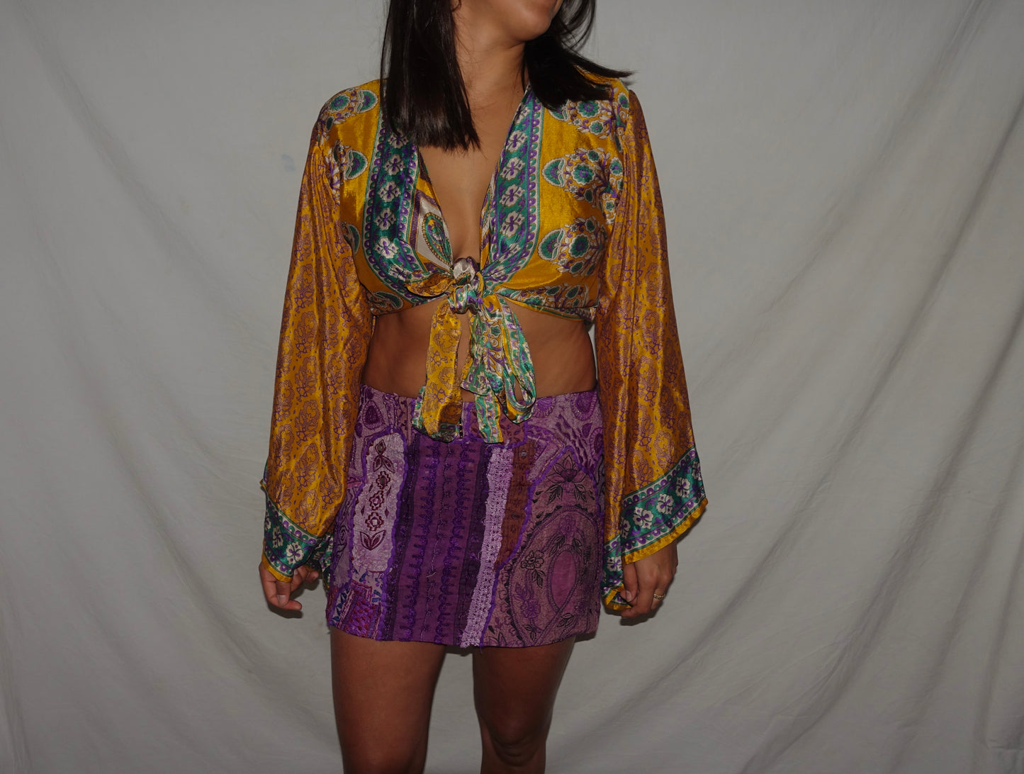 Vintage Sari Beaded Patchwork Bohemian Skirt - Purple (M-L)