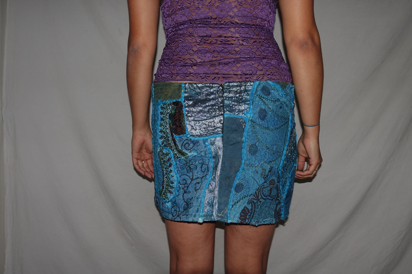 Vintage Sari Beaded Patchwork Bohemian Skirt - Light Blue (M-L)